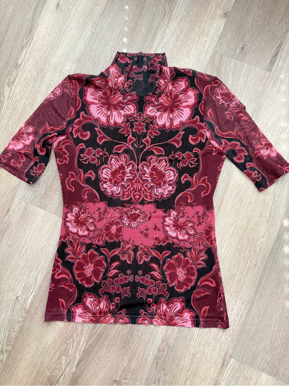 NWT Johnny Was Mesh Floral Mock Neck Elbow Sleeve Top - Women’s Small